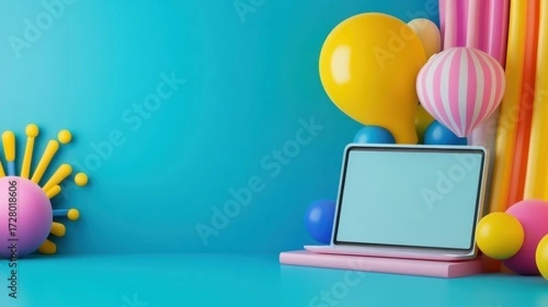 Fototapeta Bright and Colorful Workspace with Laptop and Decorative Balloons