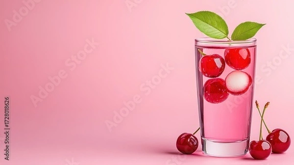 Fototapeta Refreshing Cherry Beverage with Ice and Green Leaves on Pink Background