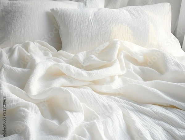 Fototapeta Soft rumpled white bedding and pillows arranged on a bed evoking comfort and relaxation in natural light