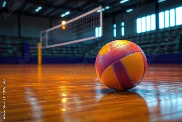 Obraz Close-up of a volleyball on a polished indoor wooden court with a volleyball net in the background under bright stadium lights