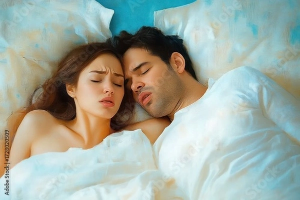 Fototapeta Couple lying in bed under white sheets with distressed and tired expressions, showing emotional discomfort or fatigue
