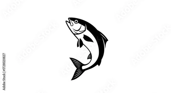 Fototapeta Simple black and white leaping fish graphic on a white background flat illustration