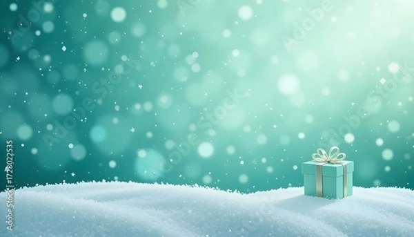Fototapeta Winter snow scene with gift box and bokeh in teal background