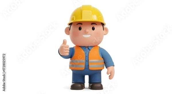 Obraz 3D Cartoon Builder Giving Thumbs Up Isolated on White Background