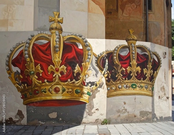Obraz Royal mural display of regal crowns on aged wall