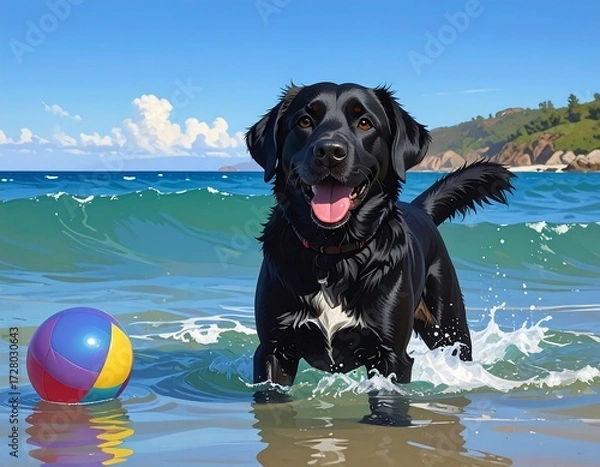 Fototapeta Playful Black Labrador Retrieving a Ball at the Beach