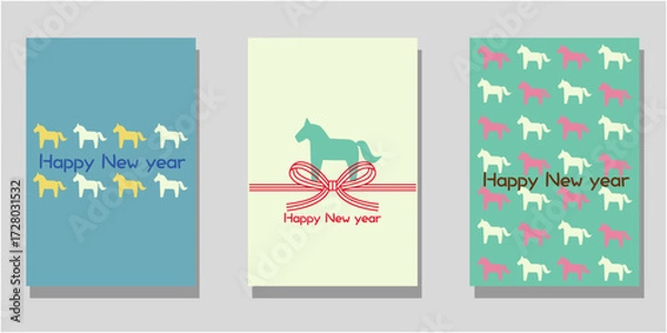 Fototapeta Set of 2026 Happy new year template. Cute horse and flower pattern decoration new year card collection. Vector illustration.