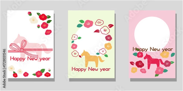 Fototapeta Set of 2026 Happy new year template. Cute horse and flower pattern decoration new year card collection. Vector illustration.