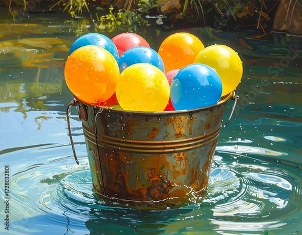 Obraz Rustic Bucket Floating on Water with Colorful Balloons