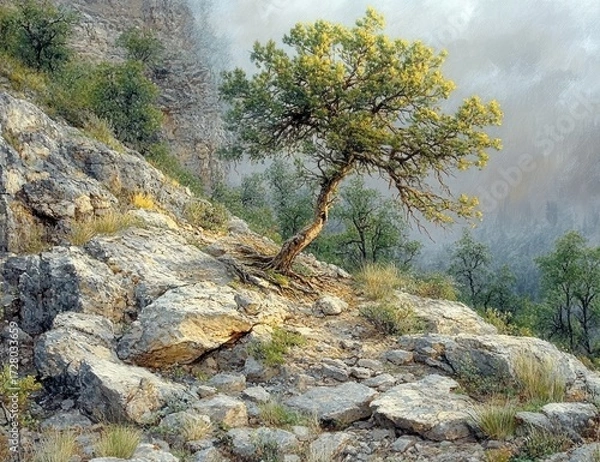 Fototapeta A solitary tree growing on rocky terrain with sparse vegetation under a misty sky, evoking a sense of resilience and solitude in a rugged natural landscape