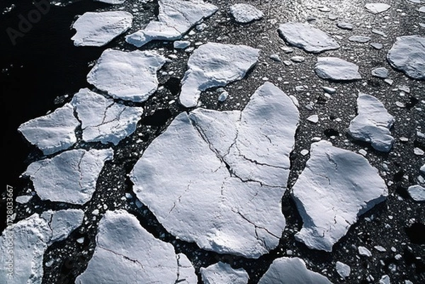 Fototapeta Large broken ice floes floating on dark cold ocean water under sunlight creating contrast and texture