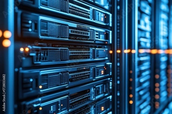 Fototapeta Close-up of blue-lit computer server racks with glowing orange indicator lights in a data center environment