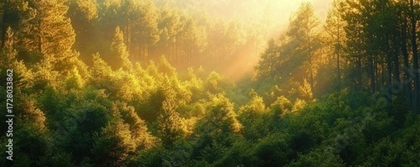 Fototapeta Sunlight filtering through a dense green forest with various trees glowing warmly in the early morning light