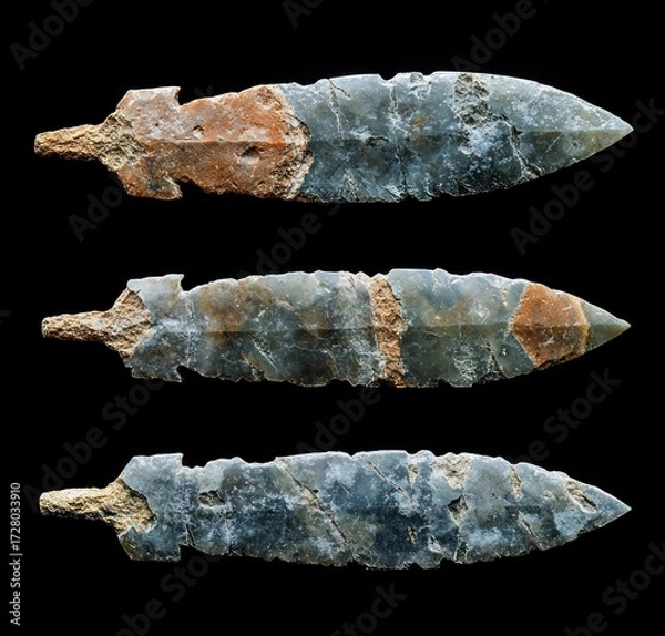 Fototapeta Three ancient stone and metal blades with pointed tips and rough rusted handles displayed horizontally on a black background evoking a sense of history and craftsmanship