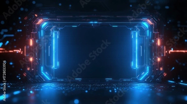 Fototapeta Futuristic digital interface frame glowing with blue and orange neon lights on a dark technological background emitting a sense of high-tech and innovation