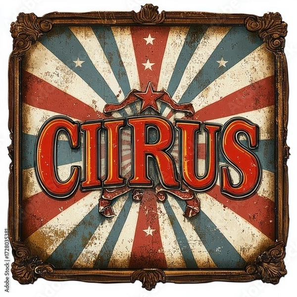Fototapeta Vintage circus sign with distressed red, white, and blue radial stripes and decorative wooden frame evoking a nostalgic and festive atmosphere