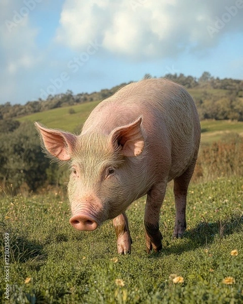 Fototapeta young pig standing on green grassy field with wildflowers under a partly cloudy sky in a rural landscape