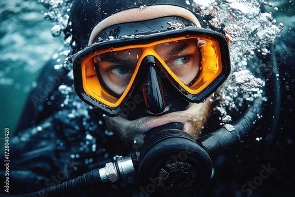 Fototapeta Close-up of a person underwater wearing a black wetsuit, orange tinted diving mask, and breathing through a scuba regulator surrounded by bubbles
