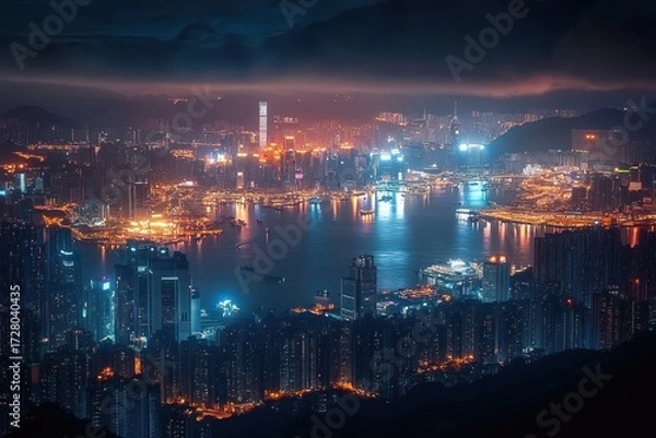 Fototapeta Nighttime panoramic cityscape with illuminated skyscrapers surrounding a calm harbor and reflecting vibrant lights under a cloudy sky