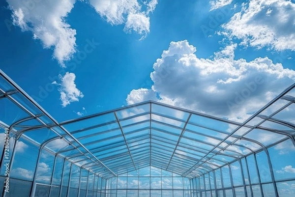 Fototapeta Empty transparent greenhouse structure under bright blue sky with scattered white clouds on a sunny day