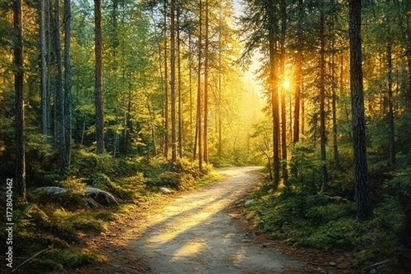 Fototapeta Sunlight streaming through tall trees illuminates a winding forest path surrounded by lush green foliage and rocks, evoking a peaceful and serene atmosphere