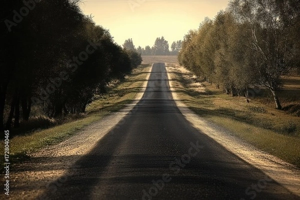 Fototapeta Long empty country road flanked by tall trees casting shadows during golden hour under clear sky