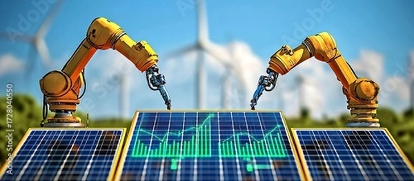 Fototapeta Robotic arms working with solar panels and wind turbines