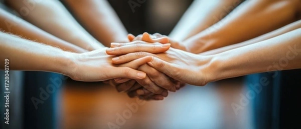 Fototapeta Multiple diverse hands stacked together showing unity, teamwork, and mutual support in a close-up warm-toned setting