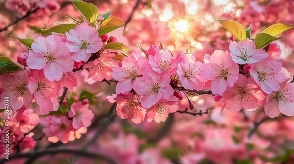 Fototapeta Close-up of vibrant pink cherry blossoms blooming on tree branches with green leaves under warm sunlight creating a peaceful and serene atmosphere