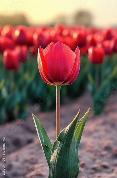 Fototapeta Close-up of a single vibrant red tulip in a field with soft morning light and blurred rows of similar tulips in the background
