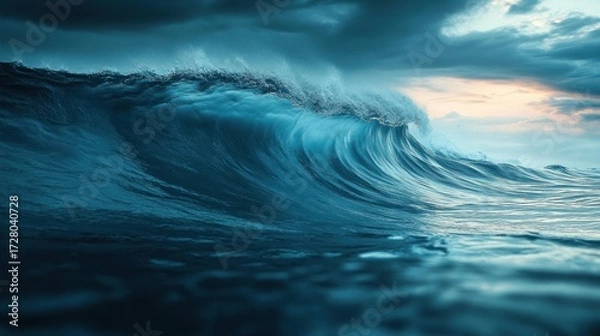 Fototapeta A large ocean wave curling and crashing under a moody cloudy sky with a hint of sunlight on the horizon