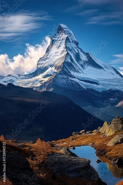 Fototapeta Majestic snow-covered mountain peak towering above autumnal forest and reflecting calm blue sky in a clear tranquil mountain lake