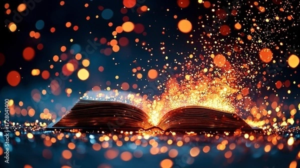 Fototapeta An open book emitting bursts of glowing golden light and sparkles