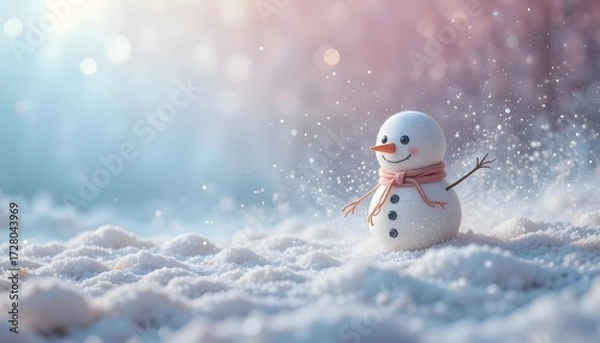Fototapeta Cute little snowman on snow with pink bokeh winter background