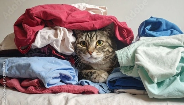 Fototapeta A tabby cat peeking out from a pile of clothes