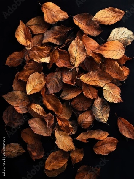 Fototapeta Close-up view of a pile of dry brown autumn leaves scattered against a dark black background conveying the fall season and natural decay
