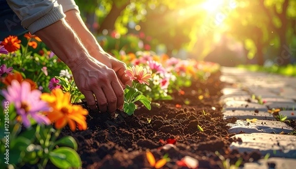 Obraz Close-up of hands planting a bright pink flower into rich brown soil along a garden path, bathed in warm, golden sunset light, symbolizing gardening, nature, growth, care, and a healthy lifestyle