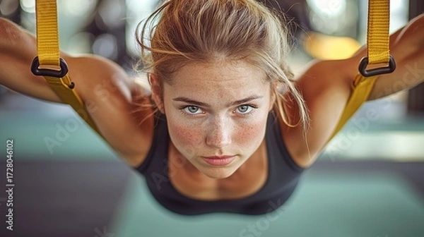 Fototapeta A determined young woman exercises in the gym using suspension straps