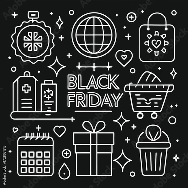 Obraz Black friday shopping sale with icons like globe calendar