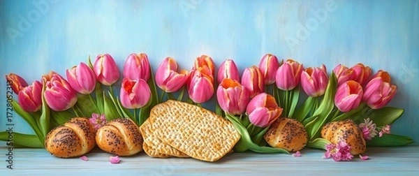 Fototapeta Arrangement of bright pink tulips with green leaves alongside poppy seed rolls and two large pieces of flatbread on a light blue background