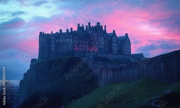 Fototapeta large ancient stone castle on a hill at twilight with a dramatic purple and blue sky
