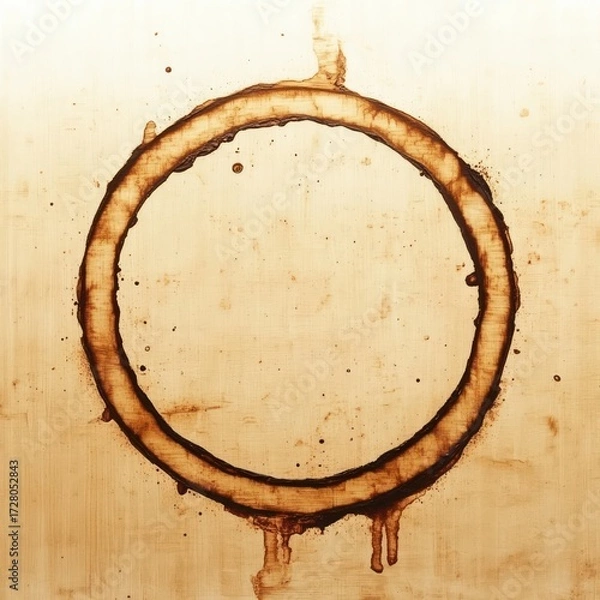 Fototapeta large circular brown coffee stain with drips and splatters on a light textured surface