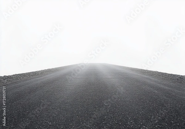 Fototapeta Empty asphalt road stretching forward into a dense white fog, creating a sense of mystery and uncertainty