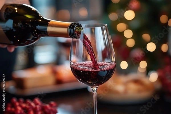 Fototapeta Close-up of red wine being poured from a bottle into a wine glass with a cozy, softly lit background and festive bokeh lights