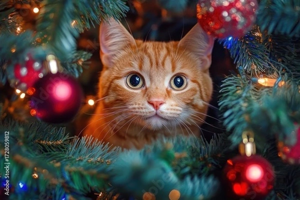 Fototapeta Close-up of a curious orange tabby cat peeking through green pine branches decorated with red Christmas baubles and warm glowing lights