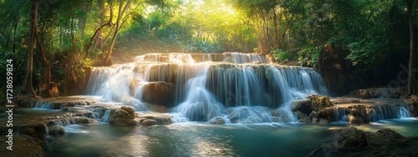 Fototapeta Multi-tiered waterfall cascading through lush green forest under warm, golden sunlight creating a serene and peaceful atmosphere