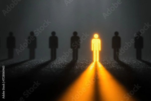Fototapeta Spotlight on a bright figure icon standing out among muted crowd symbols