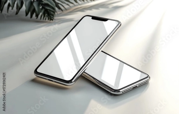 Fototapeta Two modern smartphones with blank reflective screens positioned on a white surface with soft natural light and a green plant leaf in the background