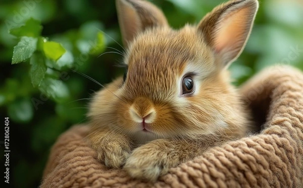 Fototapeta Close-up of a fluffy brown baby rabbit resting on a knitted blanket with greenery in the background, evoking warmth and calmness