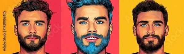Fototapeta Three digitally illustrated male portraits with different hair and beard styles in vibrant colored backgrounds showing confident and friendly expressions